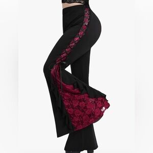 Goth scarlet & black flare leg, lace up pants